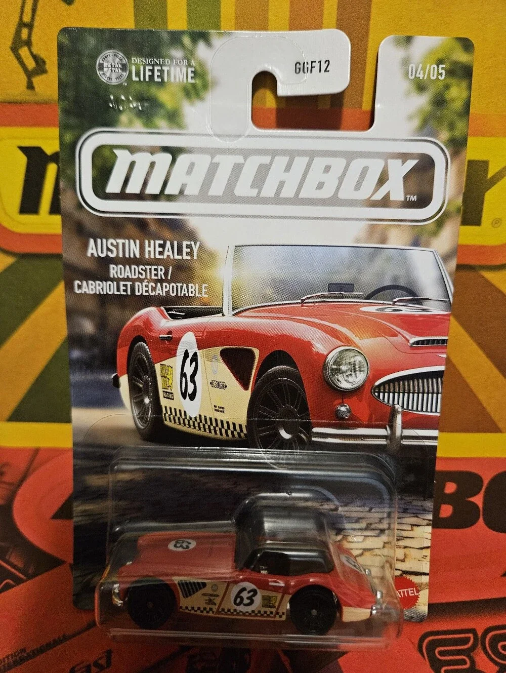 Matchbox 1963 Austin Healey Roadster Packaging - Yellow and Red Accents